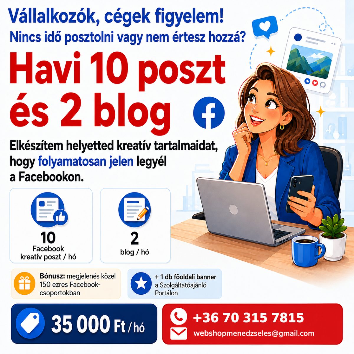 Havi 10 kreatív Facebook poszt és 2 blog vállalkozásoknak – Marketing asszisztens